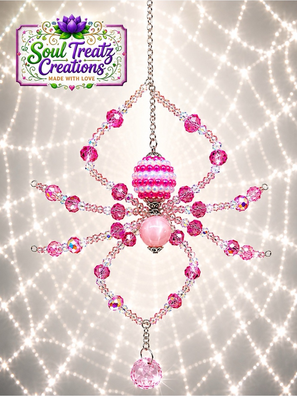 Pink Crystal Beaded Spider Sun Catcher